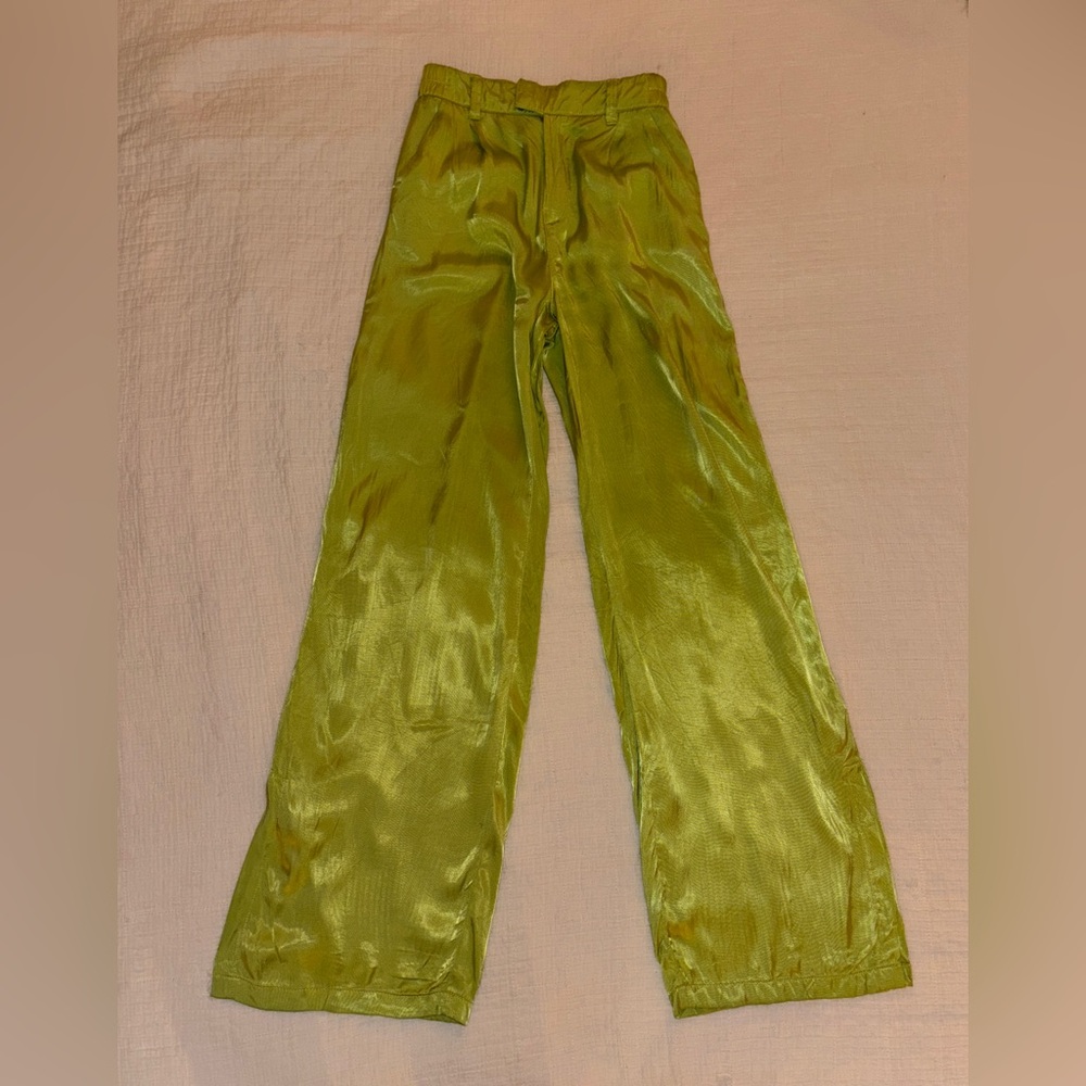 Bershka Lime Satin wide legged Pants/ Trousers, size XS, NWOT